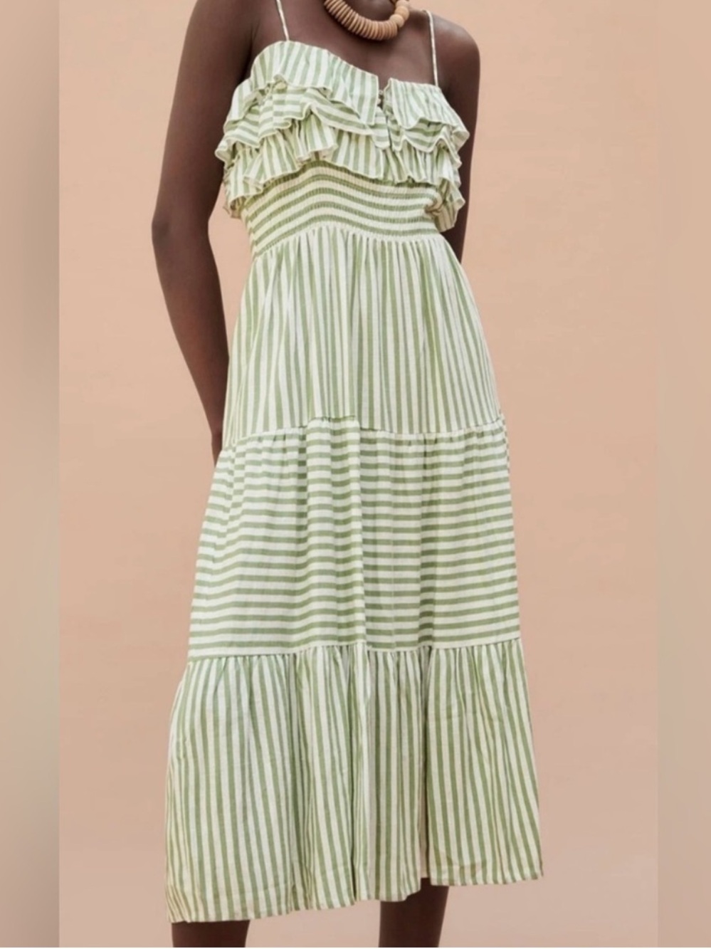 Zara Green and White Striped Ruffle Maxi Dress
